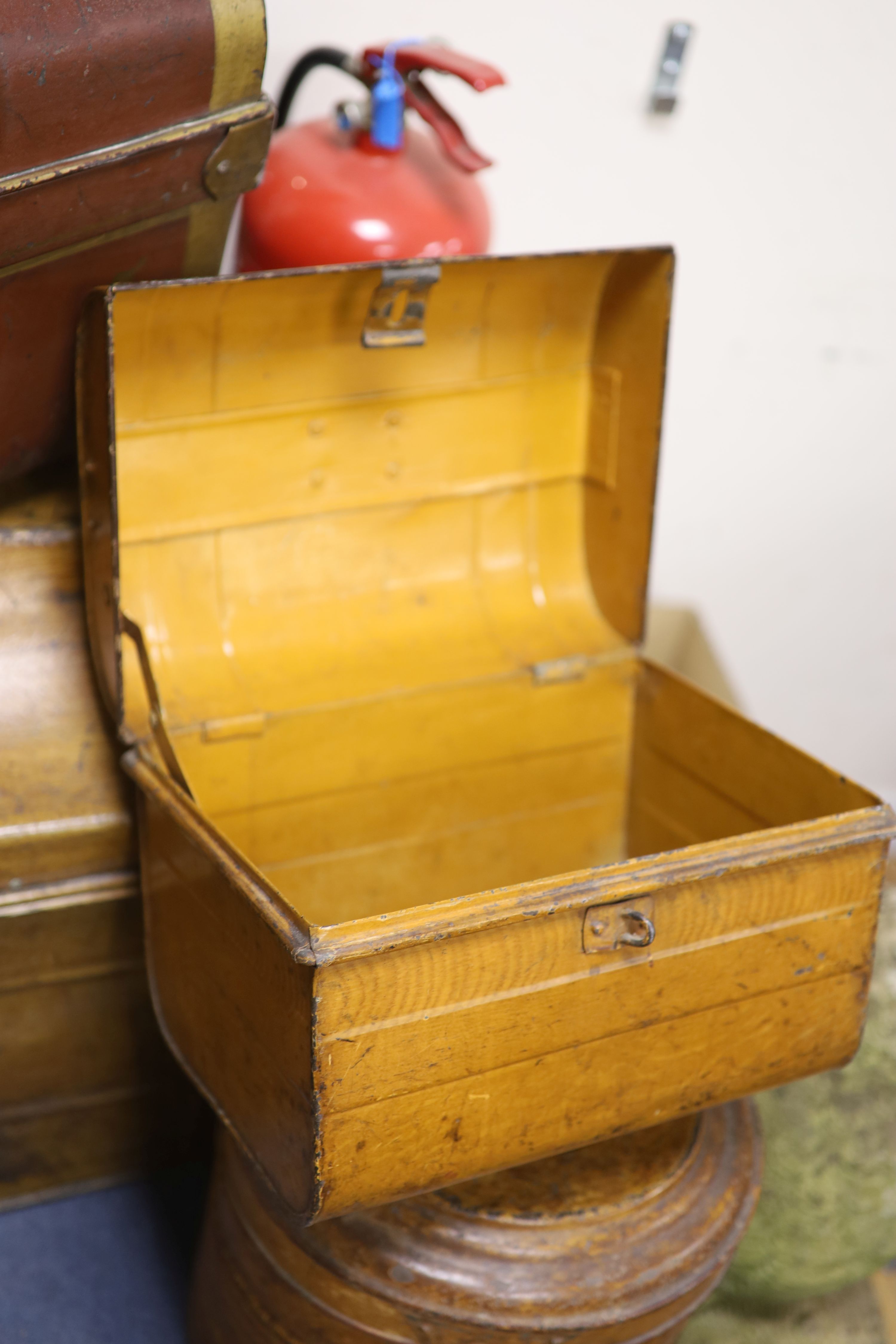 Five Victorian painted tin trunks/hat boxes